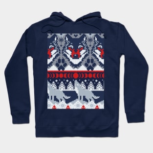 Fair isle knitting grey wolf // pattern // navy blue and grey wolves red moons and pine trees Hoodie